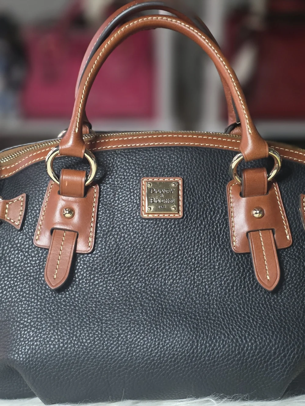 Dooney & Bourke Black Pebbled Leather Satchel with Brown Trim - Picture 1 of 7
